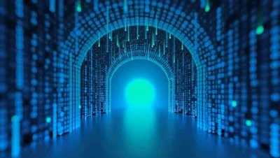 Digital Data Tunnel With Glowing Binary Code
