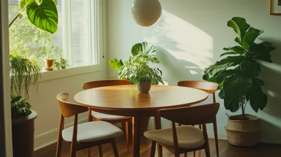 Modern Dining Room With Wooden Table And Houseplants