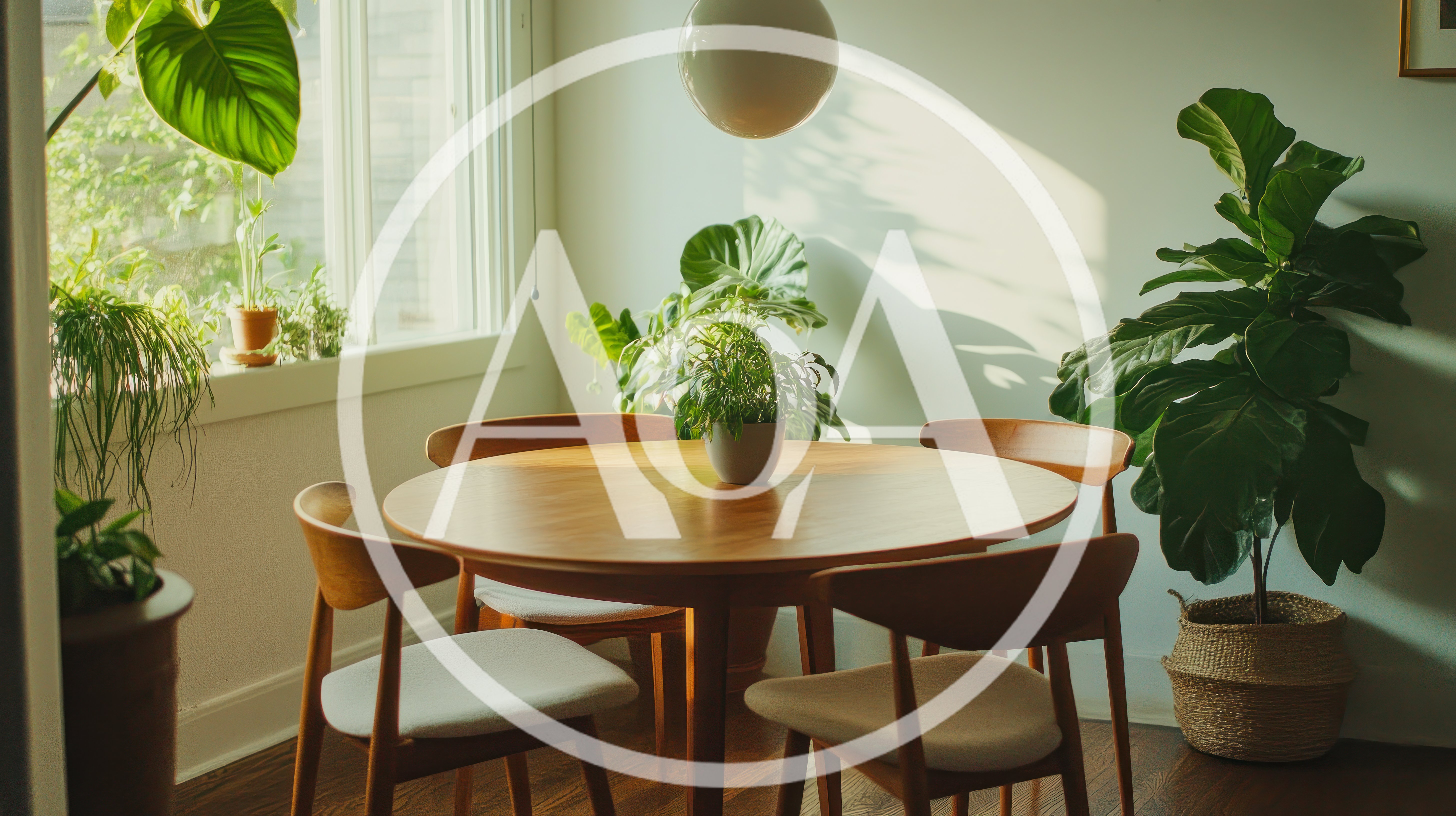 Modern Dining Room With Wooden Table And Houseplants