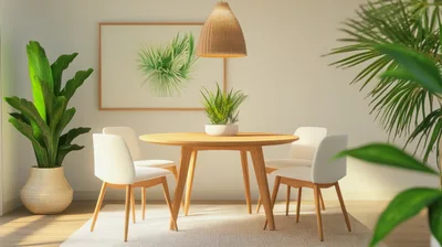 Modern Minimalist Dining Room With Wooden Table And Plants