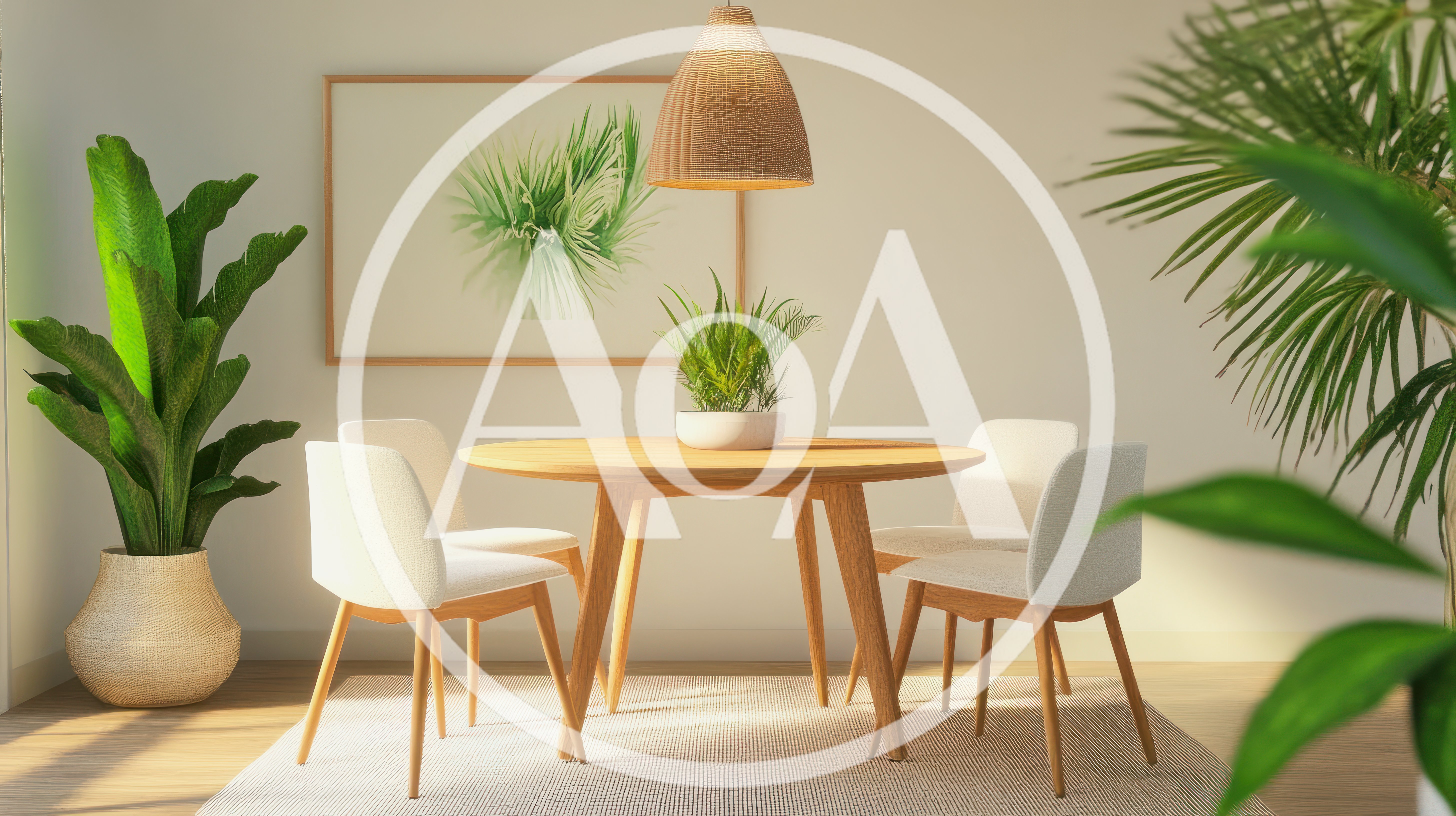 Modern Minimalist Dining Room With Wooden Table And Plants
