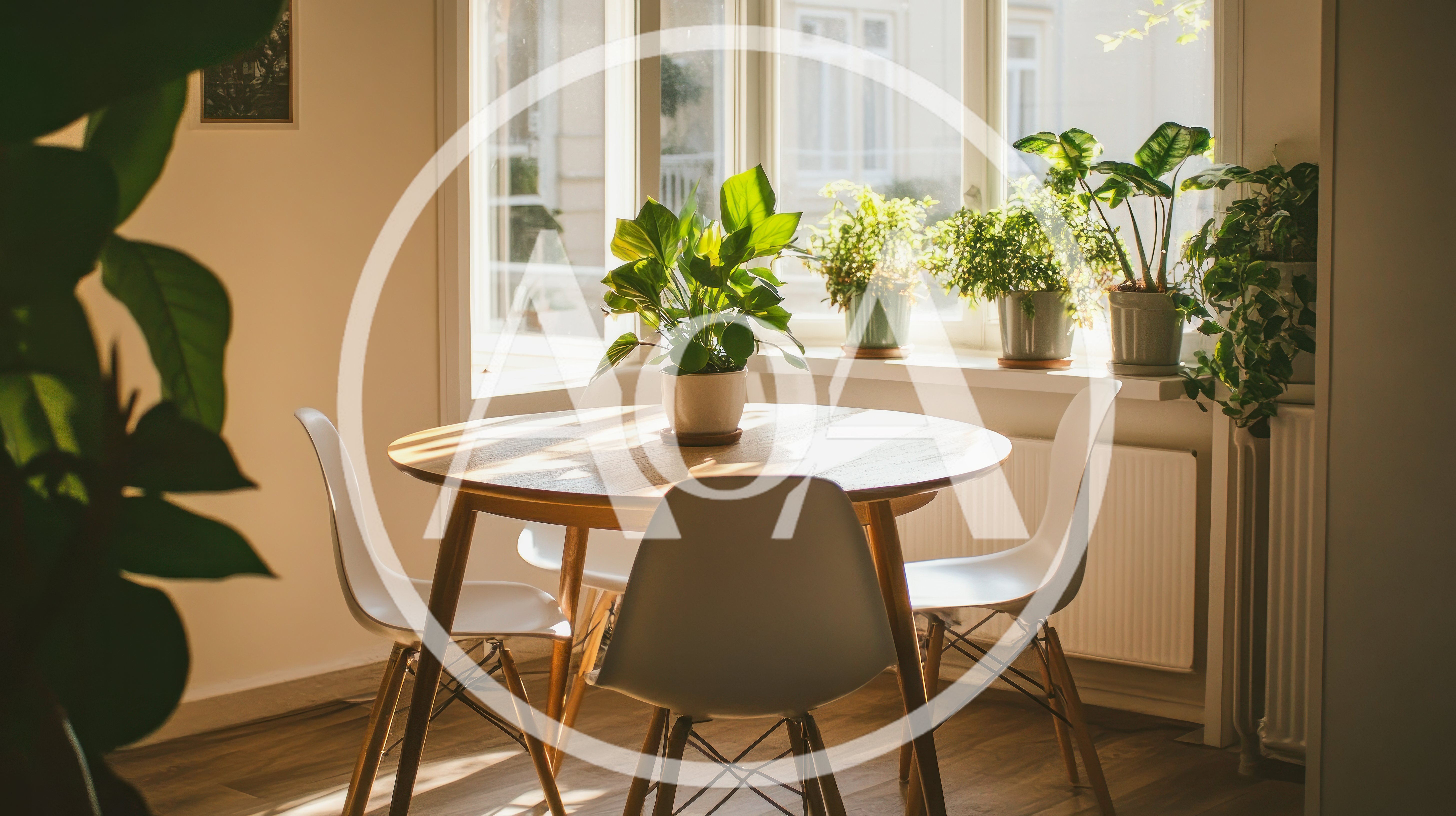 Modern Dining Room With Round Table And Potted Plants