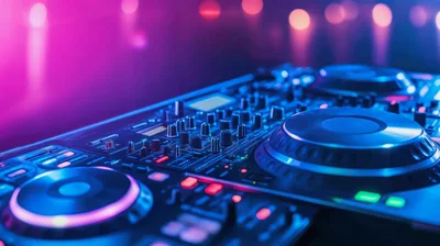 Professional DJ Controller With Glowing Lights In Nightclub