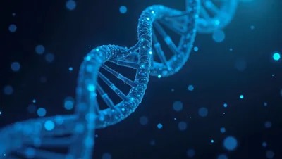 Glowing Blue DNA Helix Rotating In Dark Space