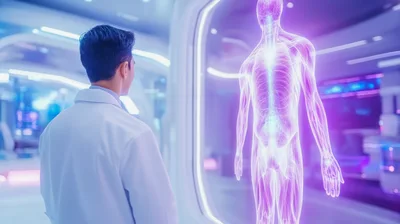 Doctor Examining Holographic Human Anatomy In Futuristic Laboratory