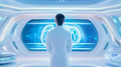 Scientist Observing Digital Brain Scan In Futuristic Laboratory
