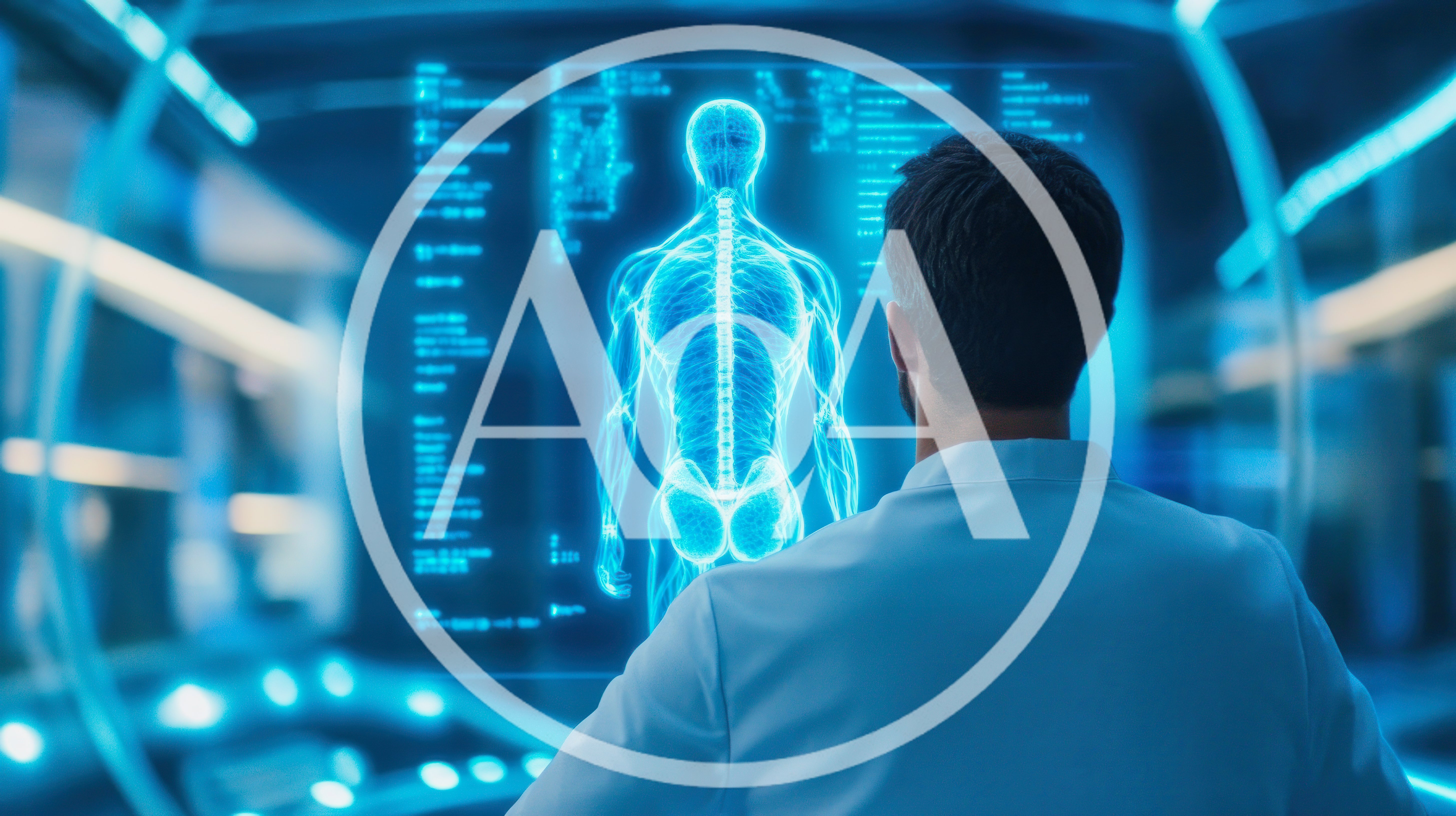 Doctor Analyzing Digital Human Anatomy Hologram