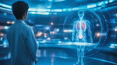 Scientist Examining Holographic Human Anatomy In Futuristic Laboratory