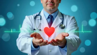 Doctor Holding Glowing Digital Heart Symbol