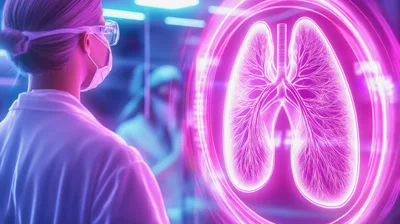 Scientist Examining Holographic Human Lungs In Laboratory