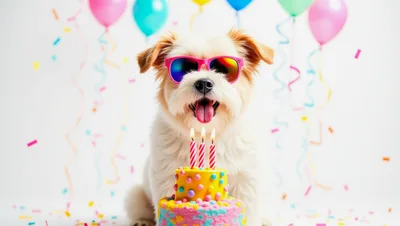 Cute Dog Wearing Sunglasses With Birthday Cake
