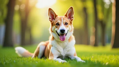 Happy Corgi Mix Dog Resting On Green Grass