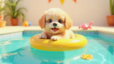 Cute Puppy Floating In A Yellow Pool Ring