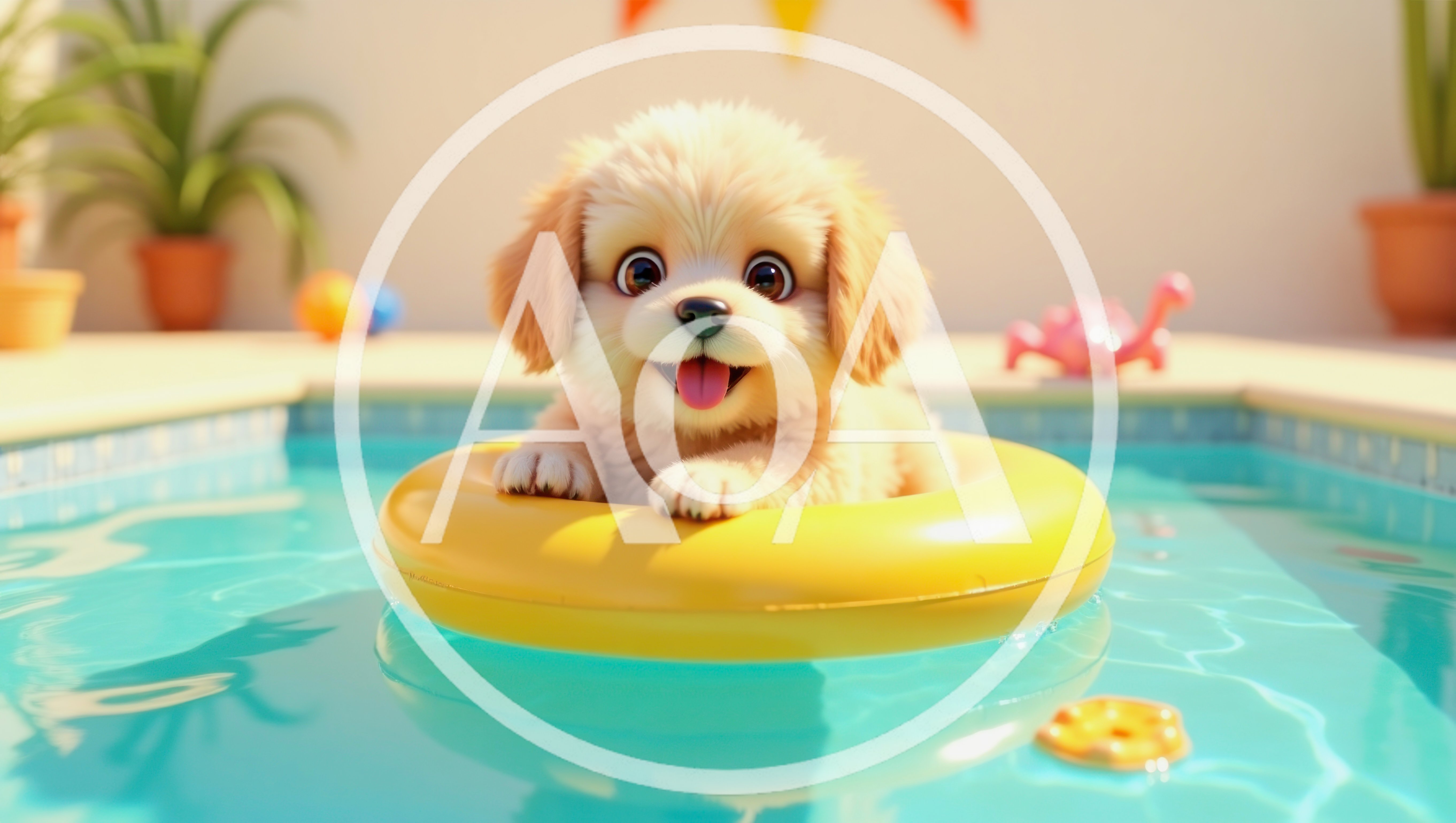 Cute Puppy Floating In A Yellow Pool Ring