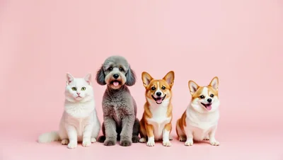 Four Pets Sitting Together Against A Pink Background