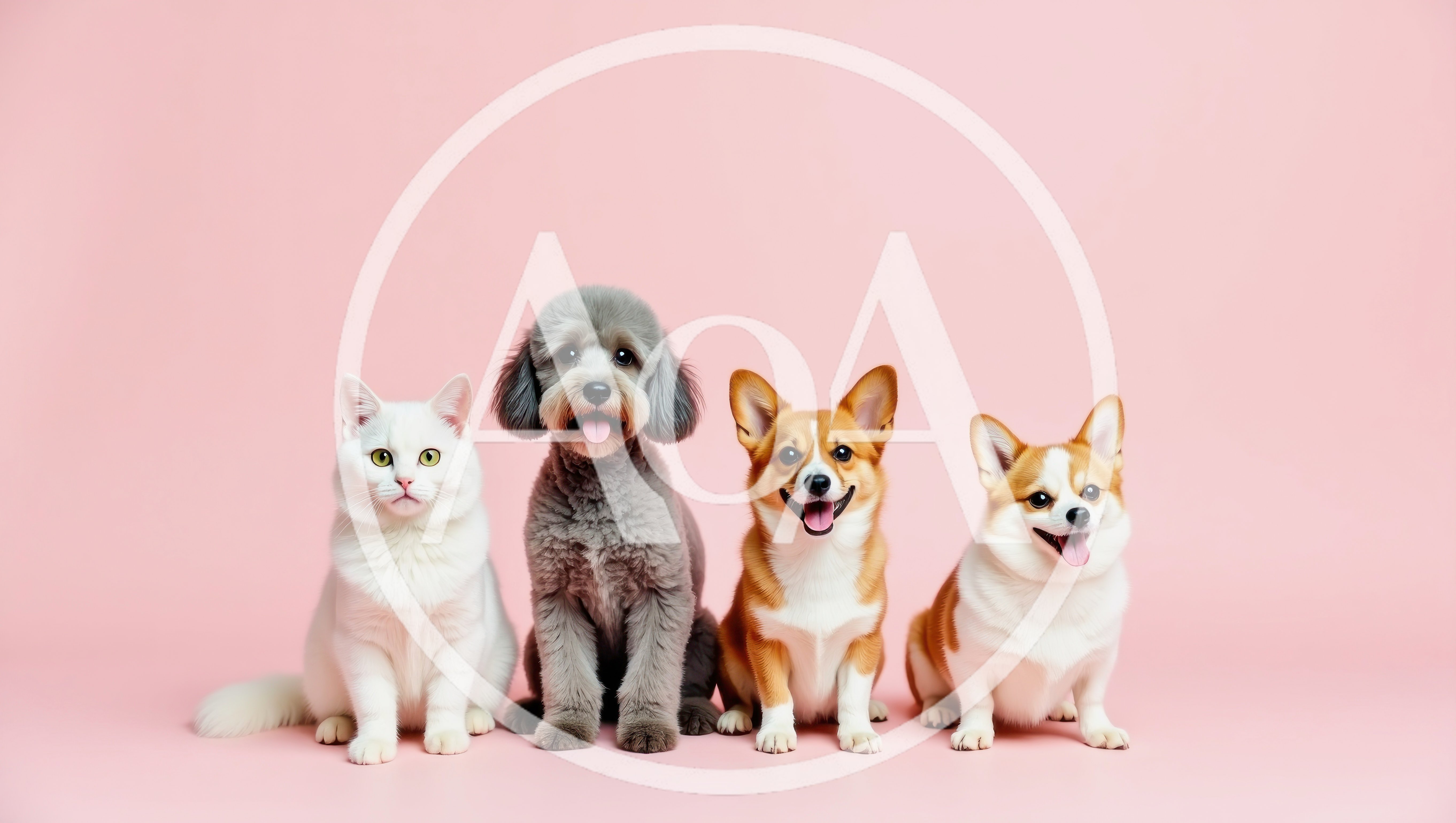 Four Pets Sitting Together Against A Pink Background