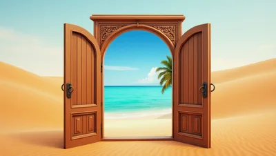 Surreal Open Doorway Between Desert And Tropical Beach