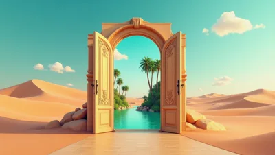 Surreal Open Doorway Leading To A Desert Oasis