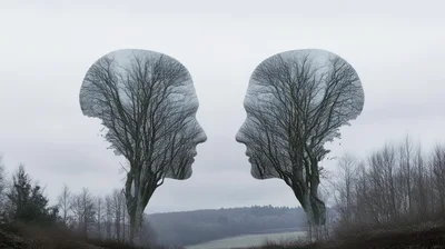 Surreal Double Exposure Human Profiles With Bare Trees