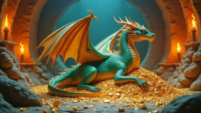 Green Dragon Resting On A Pile Of Gold Coins