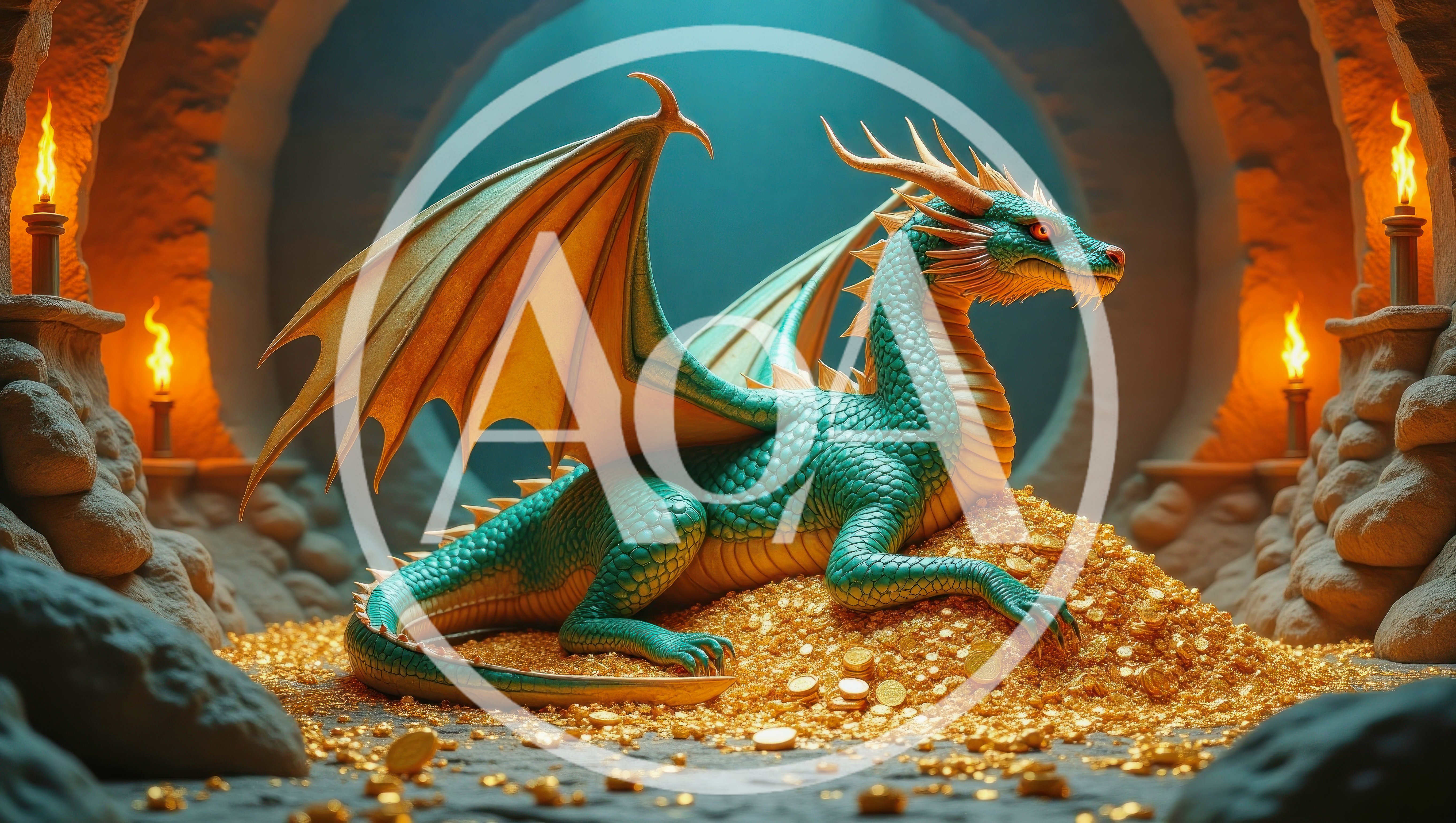 Green Dragon Resting On A Pile Of Gold Coins