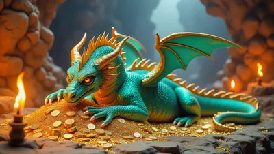 Teal Dragon Guarding A Pile Of Gold Coins