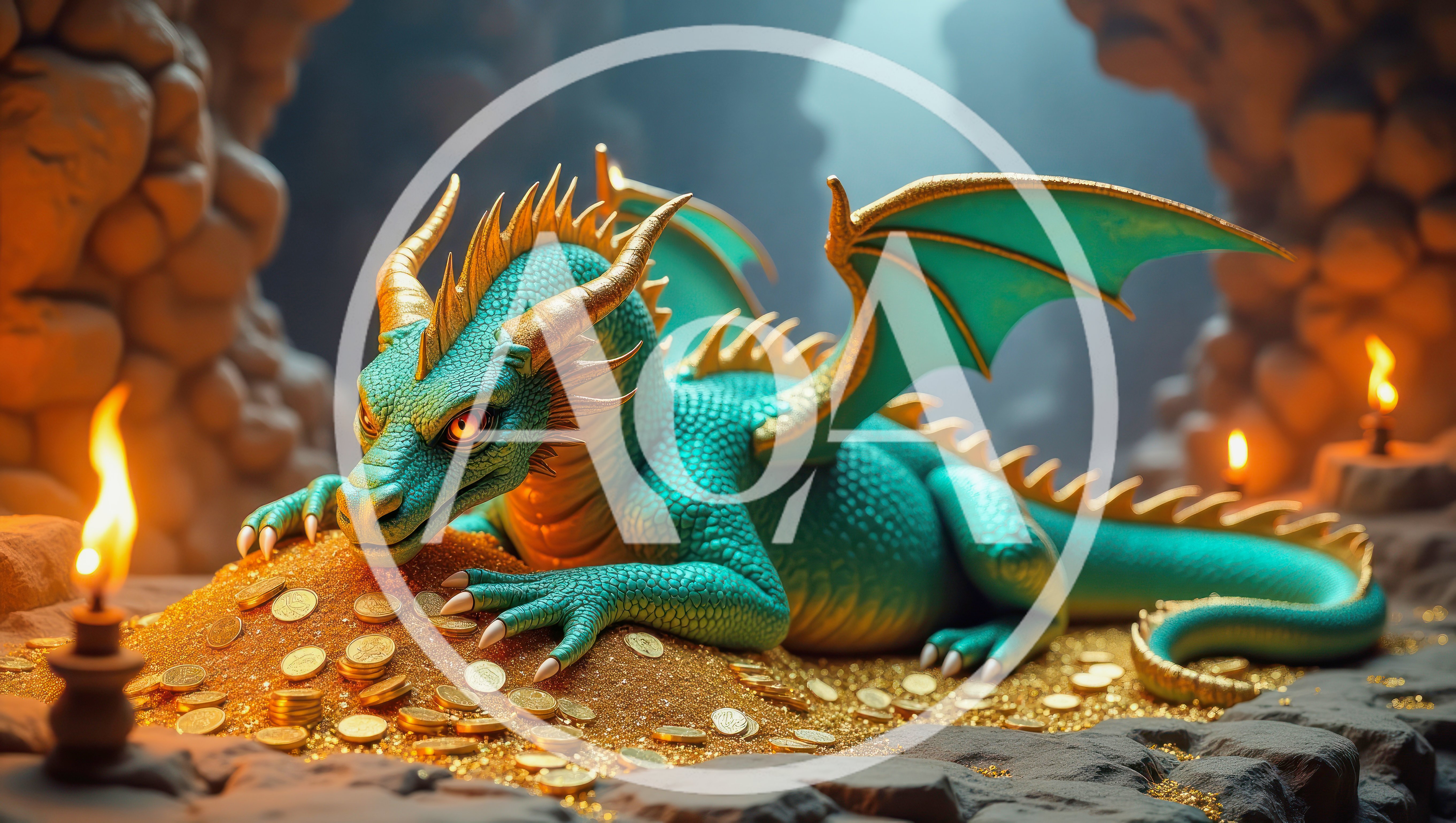 Teal Dragon Guarding A Pile Of Gold Coins