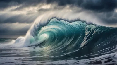 Powerful Crashing Ocean Wave Under Stormy Skies