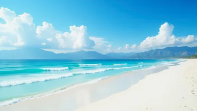 Pristine Tropical Beach With Turquoise Waves And Mountains