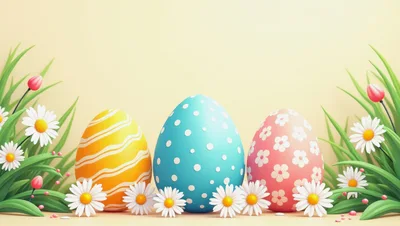 Three Decorated Easter Eggs With Daisies And Grass