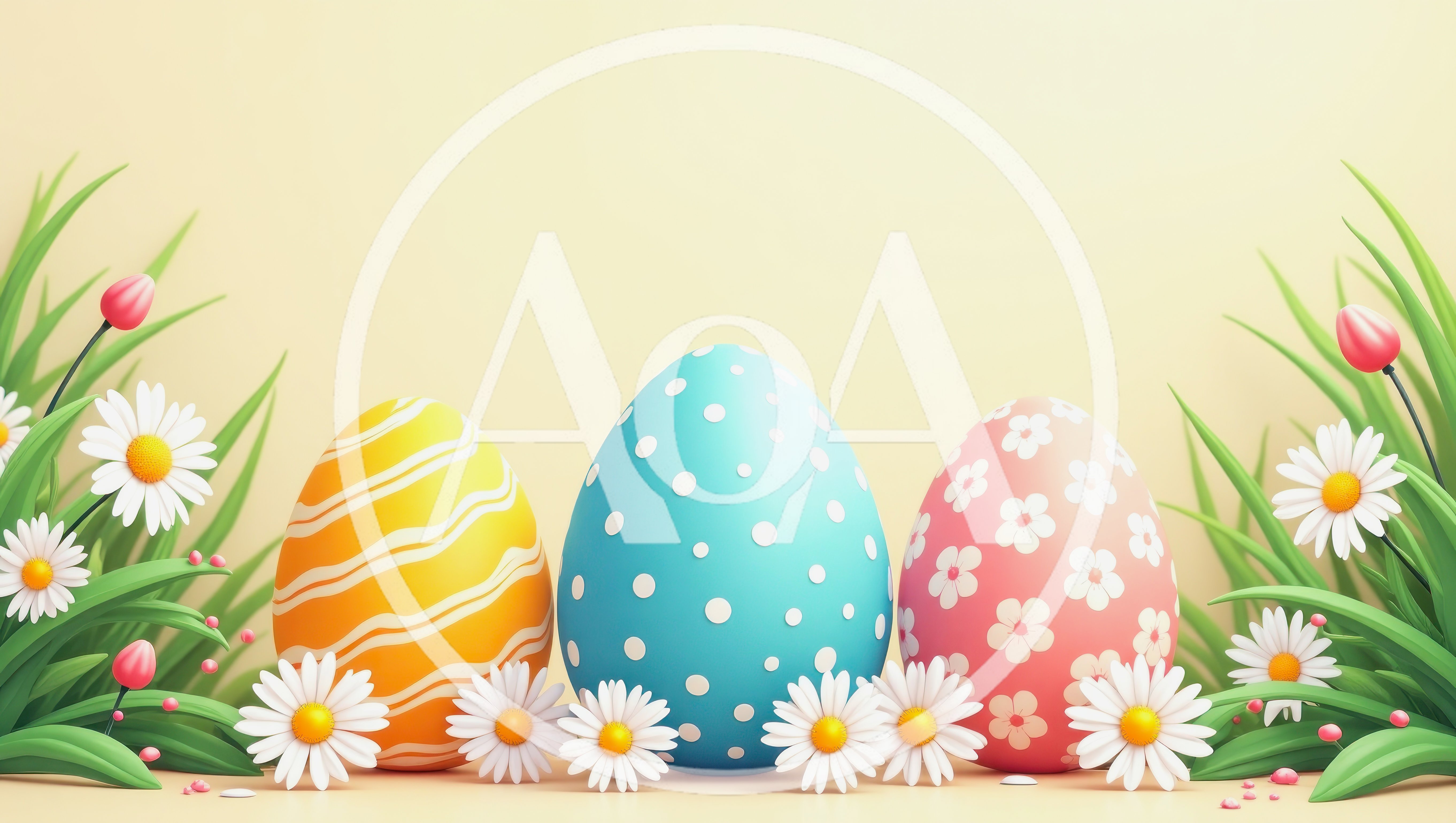 Three Decorated Easter Eggs With Daisies And Grass