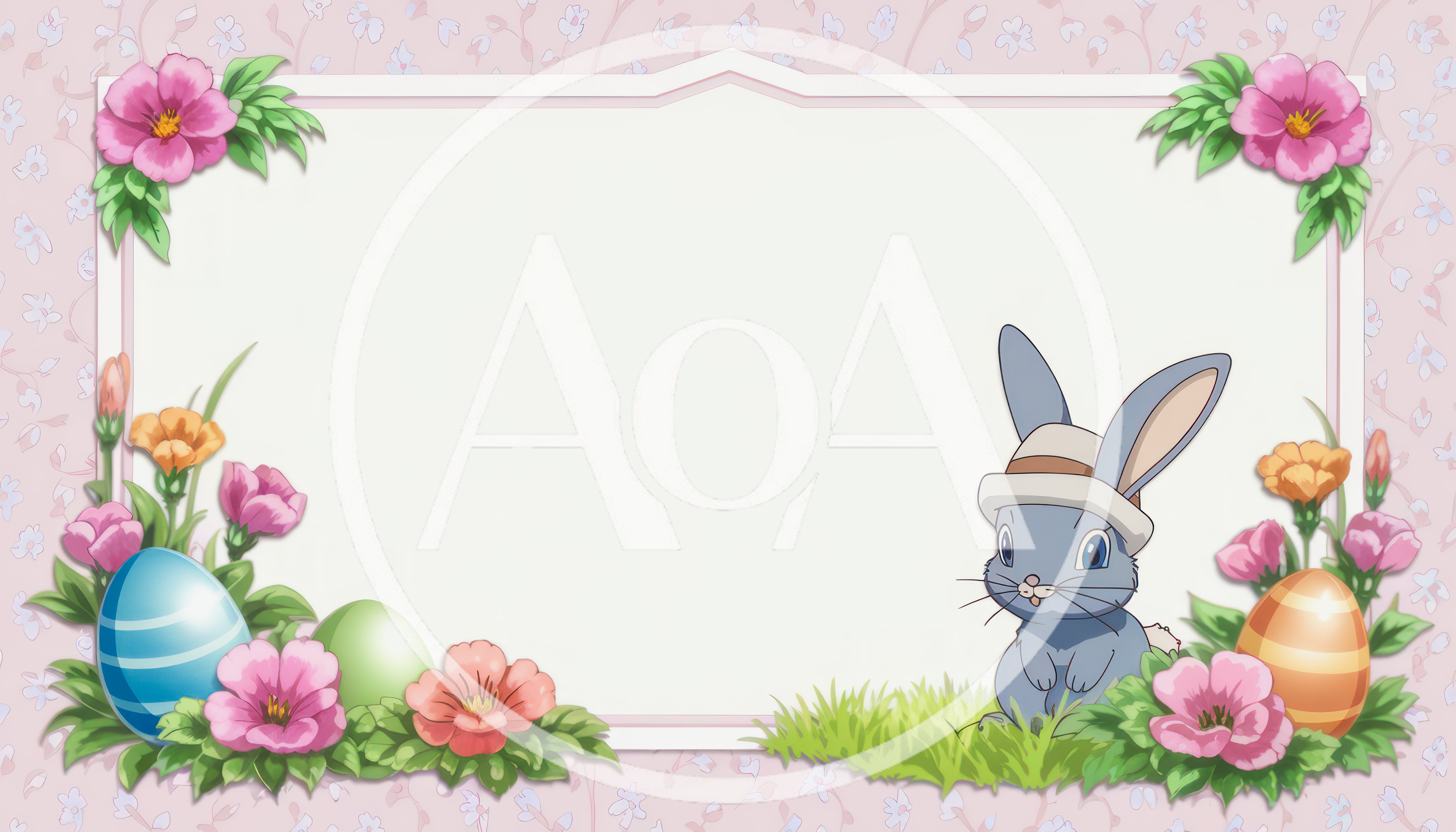 Easter Bunny With Decorated Eggs And Floral Frame