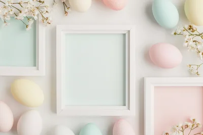 Easter Flat Lay With Pastel Eggs And Picture Frames
