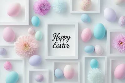 Happy Easter Greeting Card With Pastel Eggs And Flowers