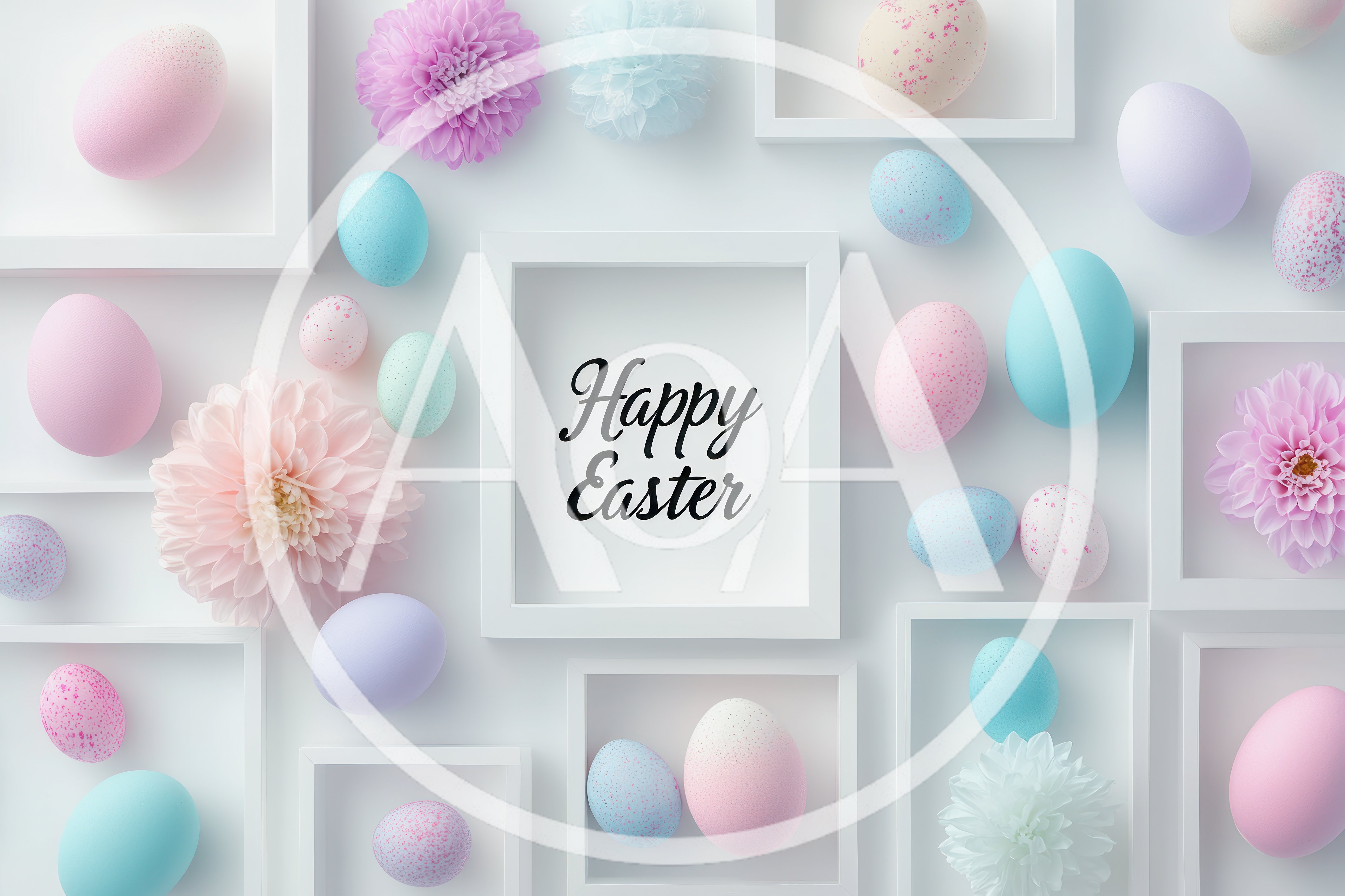 Happy Easter Greeting Card With Pastel Eggs And Flowers