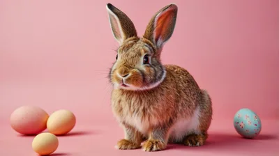 Brown Rabbit Sitting With Easter Eggs On Pink Background