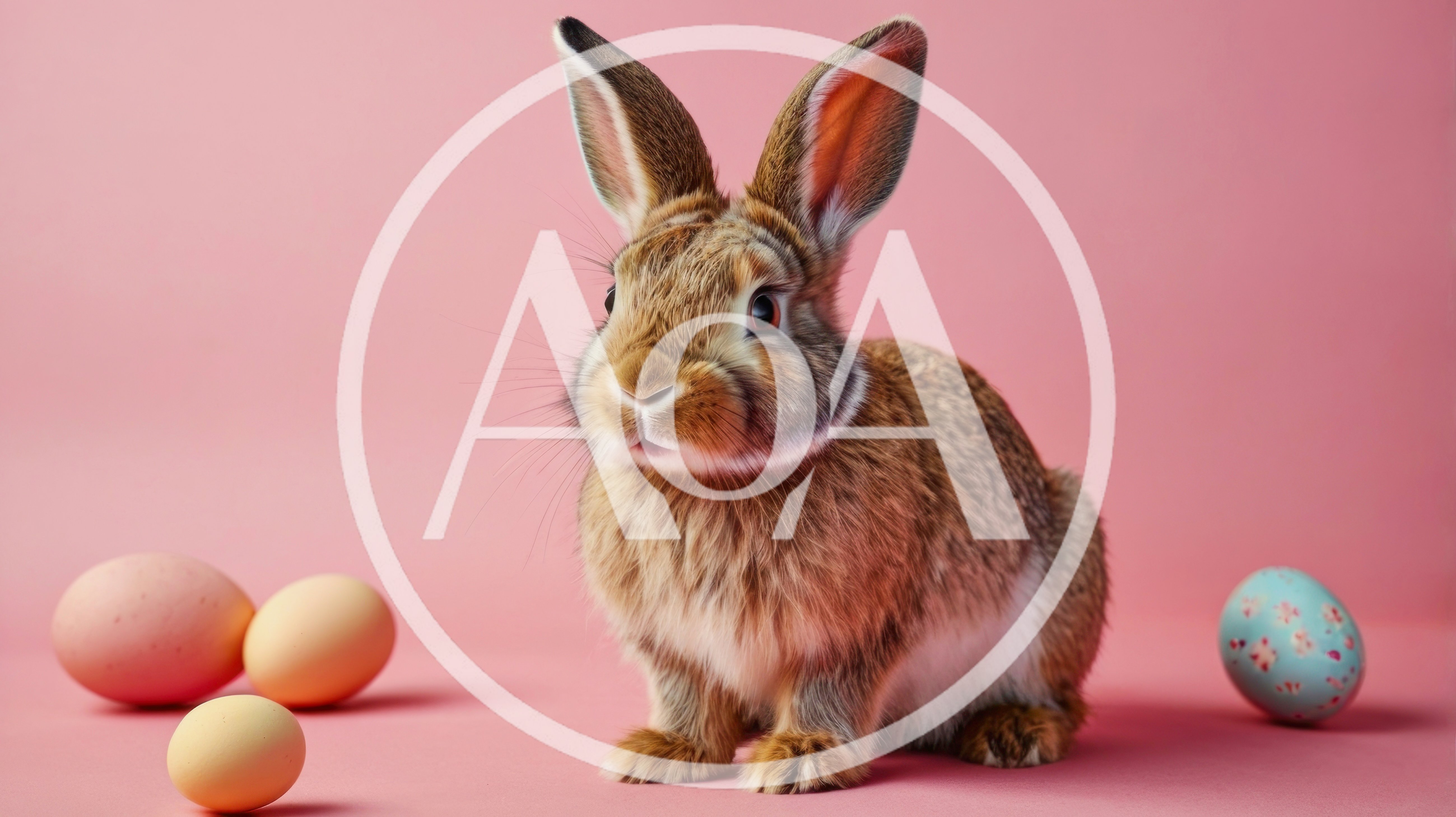 Brown Rabbit Sitting With Easter Eggs On Pink Background