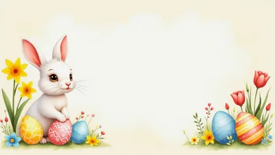 Cute Easter Bunny With Colorful Eggs And Spring Flowers
