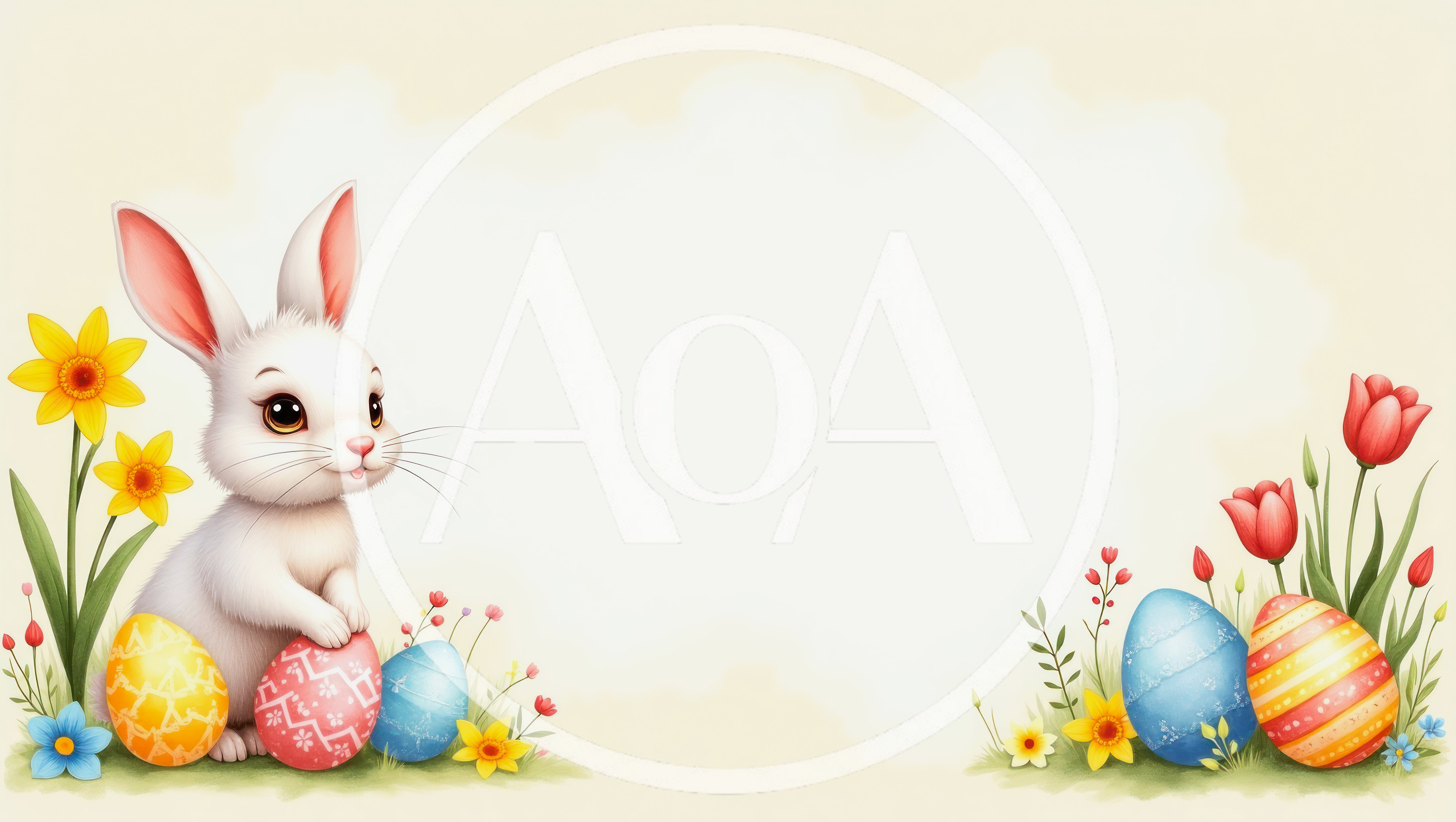 Cute Easter Bunny With Colorful Eggs And Spring Flowers