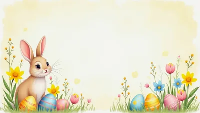 Cute Easter Bunny With Colorful Eggs And Spring Flowers