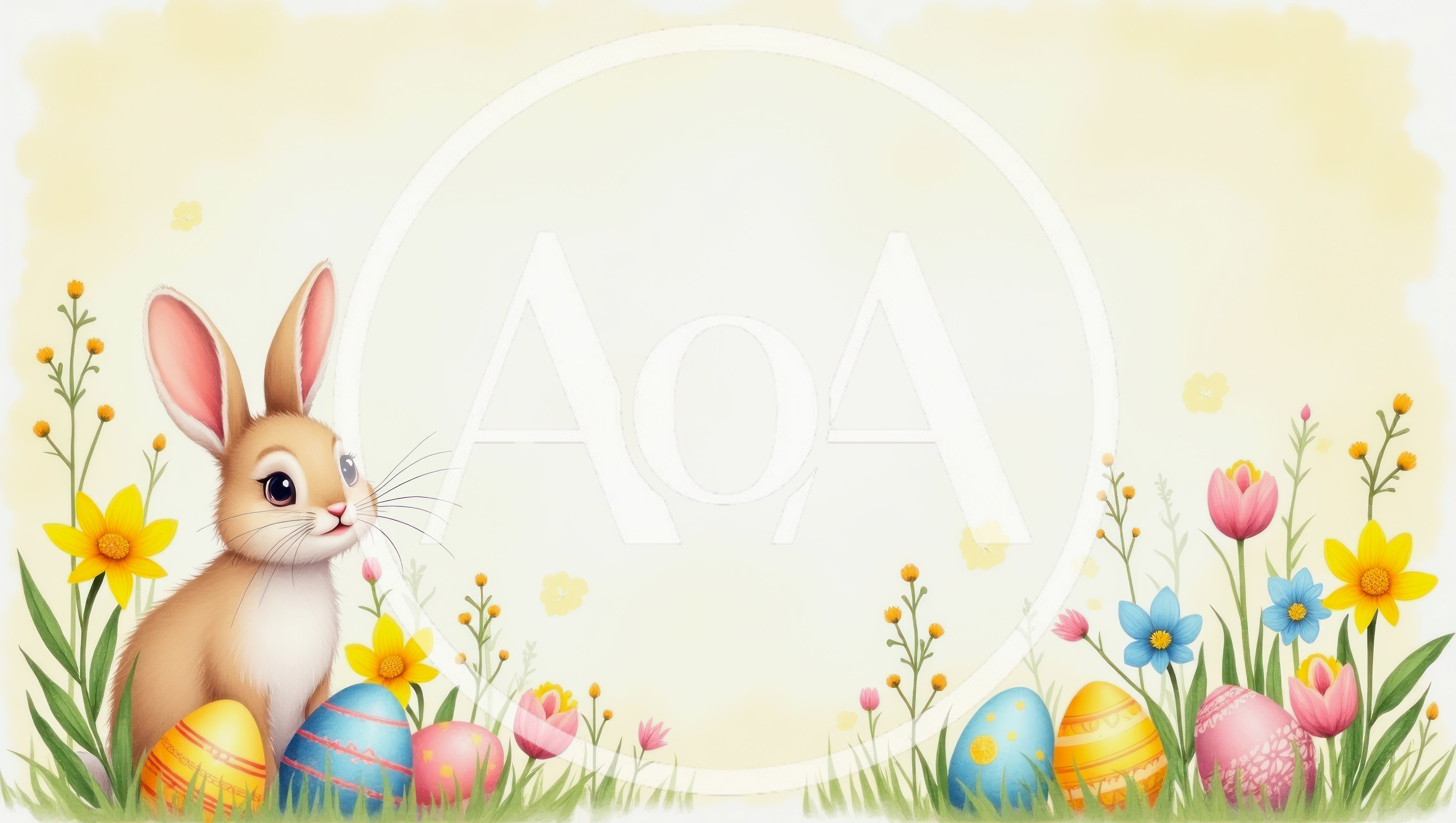 Cute Easter Bunny With Colorful Eggs And Spring Flowers