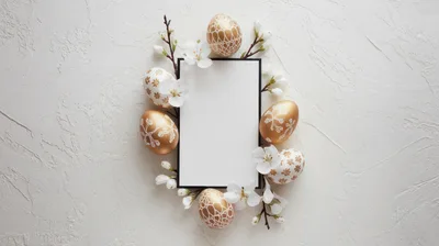 Easter Greeting Card Frame With Golden Eggs And Flowers