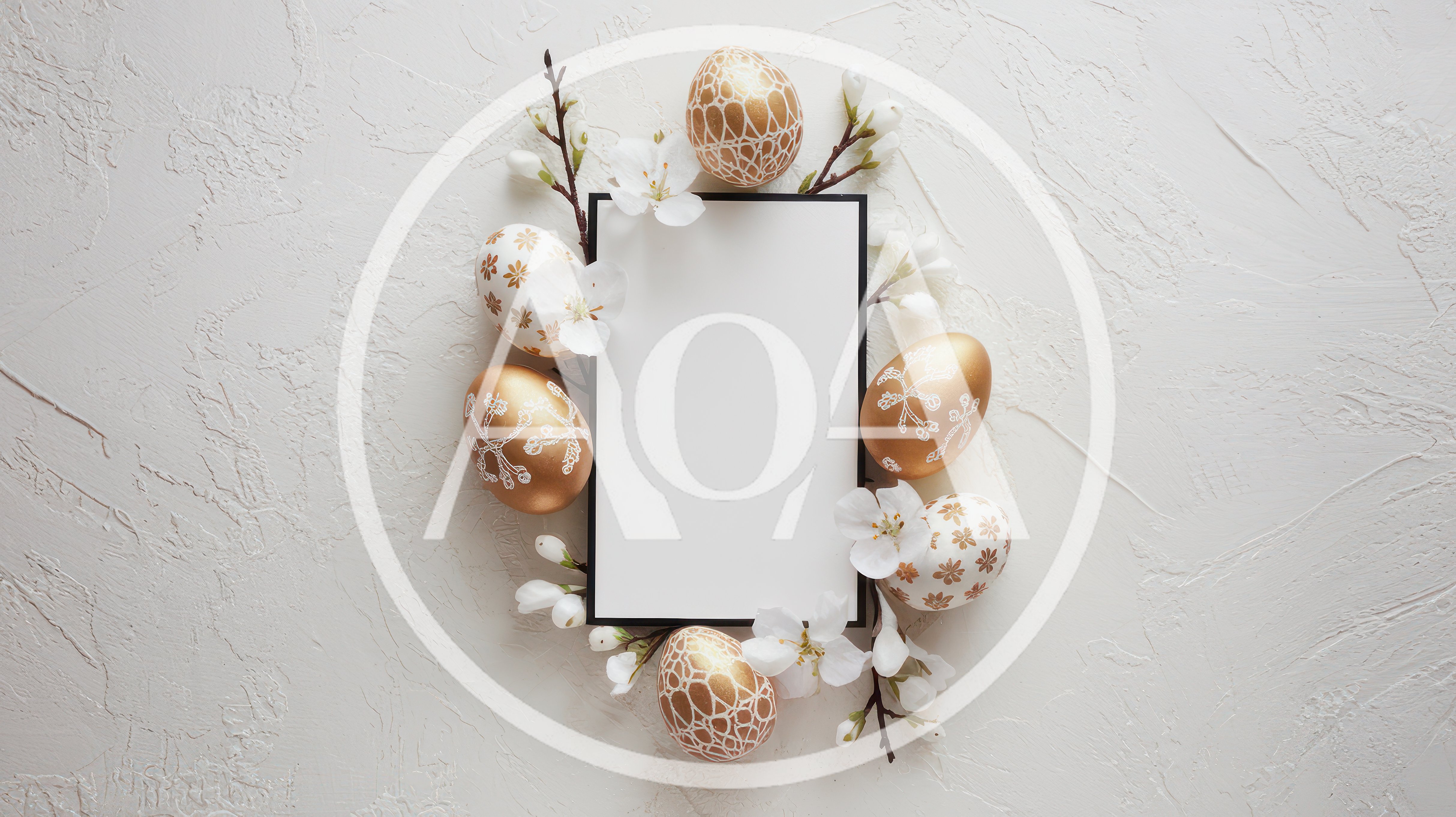 Easter Greeting Card Frame With Golden Eggs And Flowers