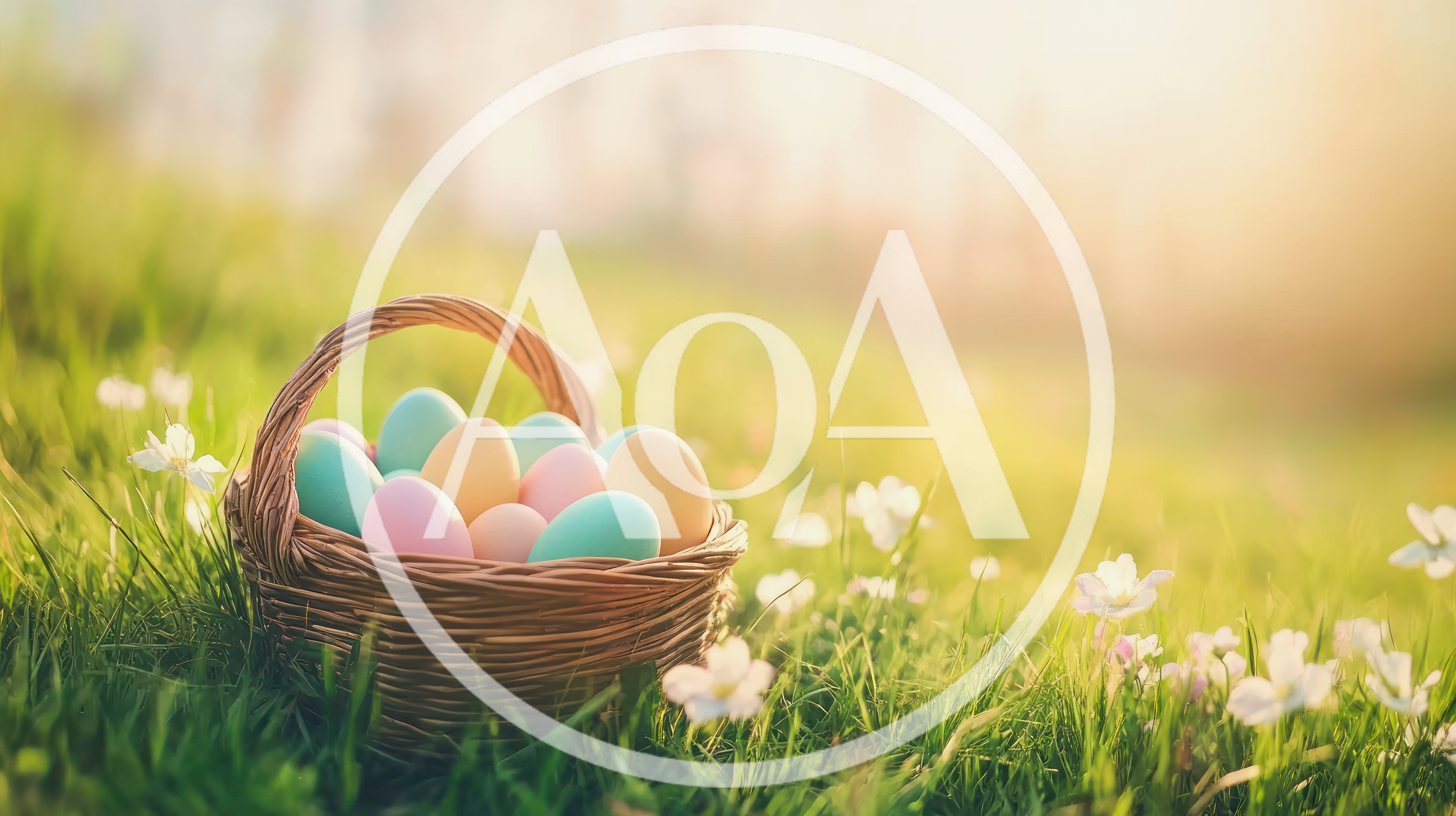 Easter Eggs In A Woven Basket On Grass