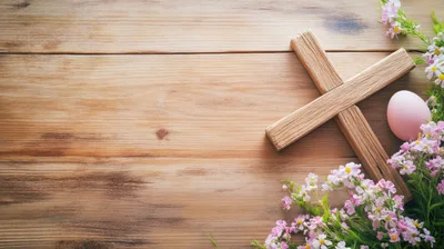 Wooden Cross With Pink Easter Egg And Spring Flowers