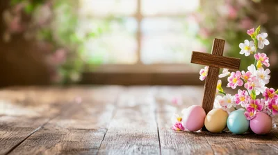 Wooden Cross With Easter Eggs And Spring Flowers
