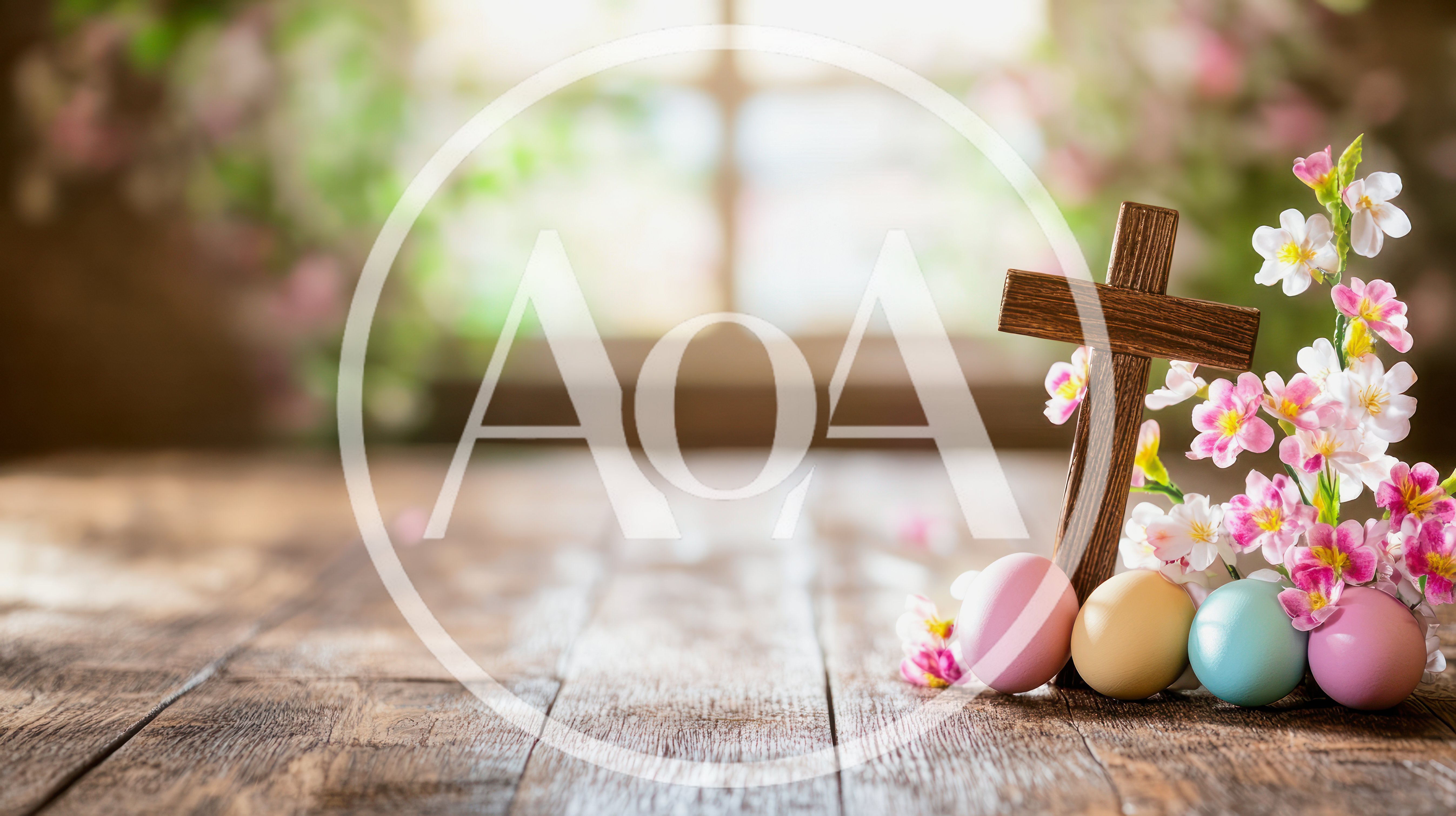 Wooden Cross With Easter Eggs And Spring Flowers