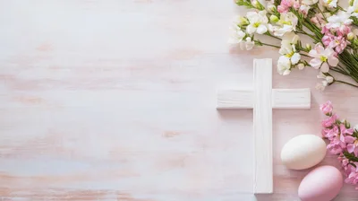 White Wooden Cross With Easter Eggs And Flowers