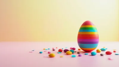 Striped Easter Egg With Colorful Candy On Pink Surface