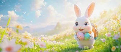 Cute Easter Bunny Carrying Colorful Eggs In Meadow